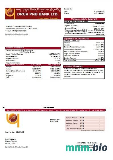 Bhutan Bank Druk PNB wyciąg z kredytu hipotecznego szablon Word i PDF